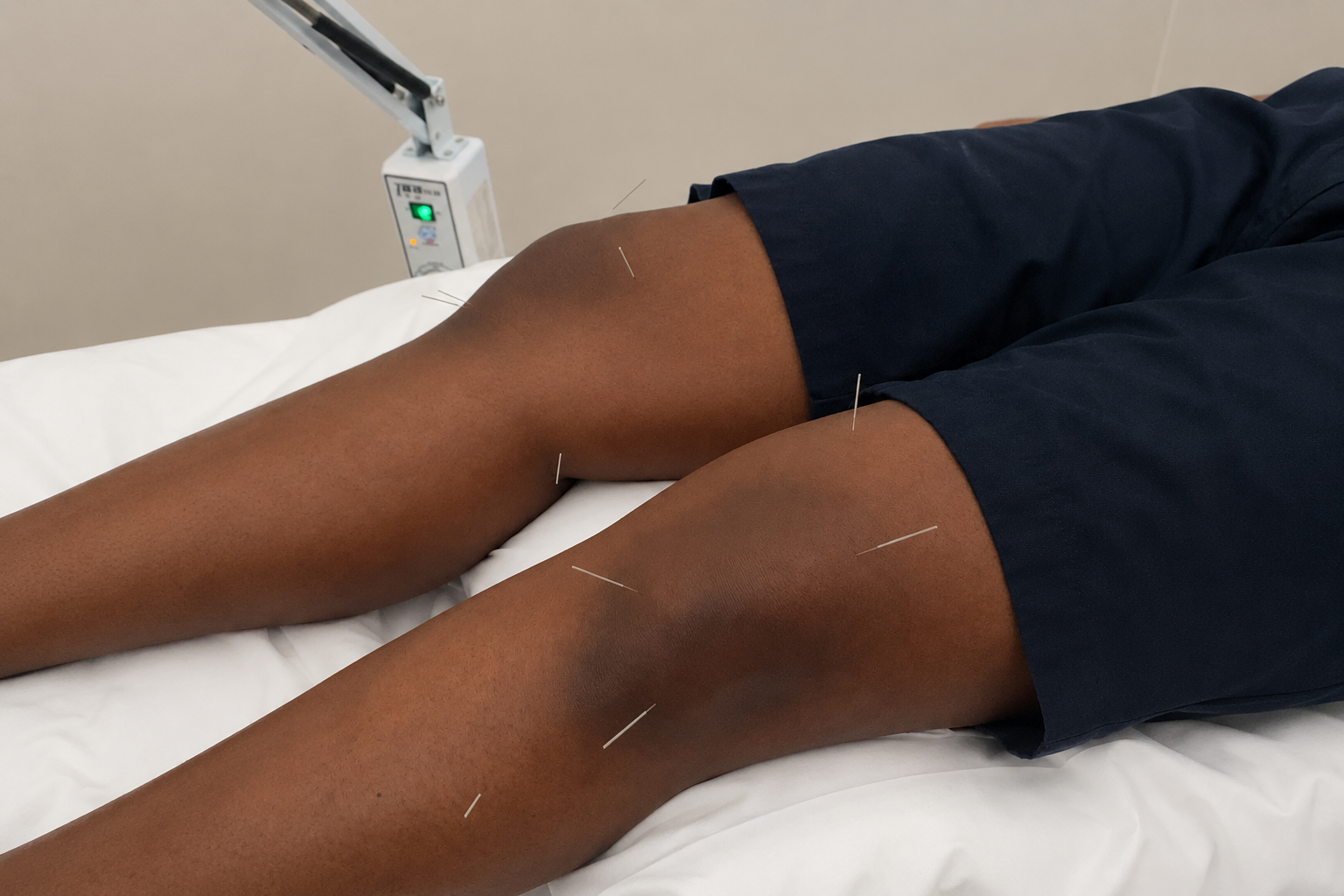 Acupuncture treatment being performed on a patient's knee