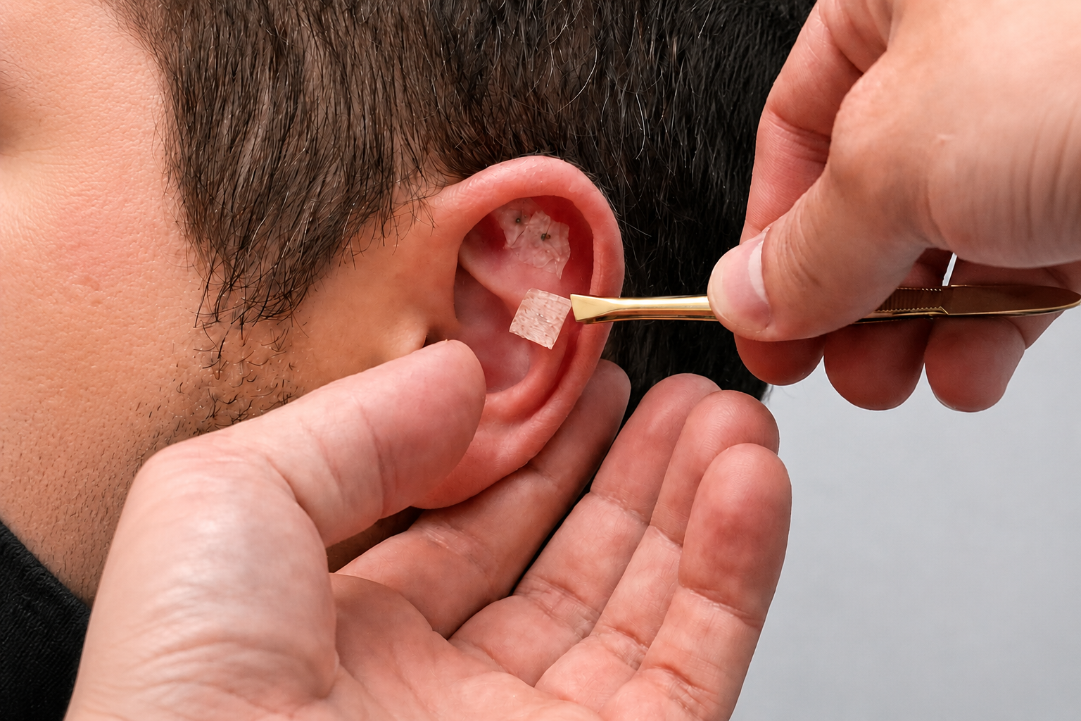 Ear seed being applied with tweezers