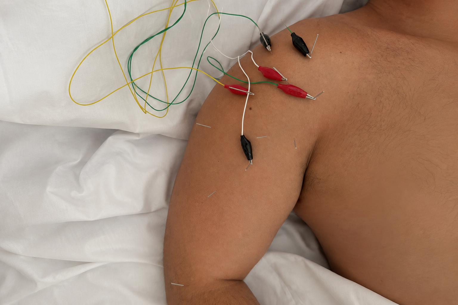 Electroacupuncture treatment with clips and wires attached to needles